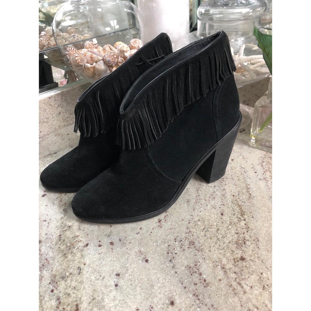 Joie Makena Black Suede Fringe Ankle Boots Anthropologie Block Heel 40 US 10